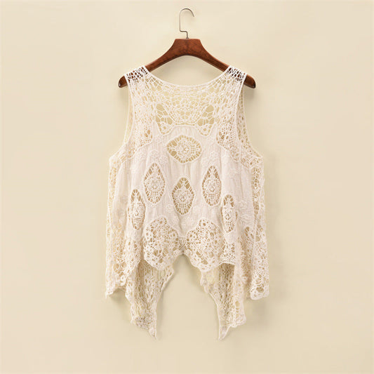 Women Summer Coat Thin Coat Sleeveless Lace Cardigan All Match Shawl Beachwear Sun Protection Clothing Women Hollow Out Cutout Shirt