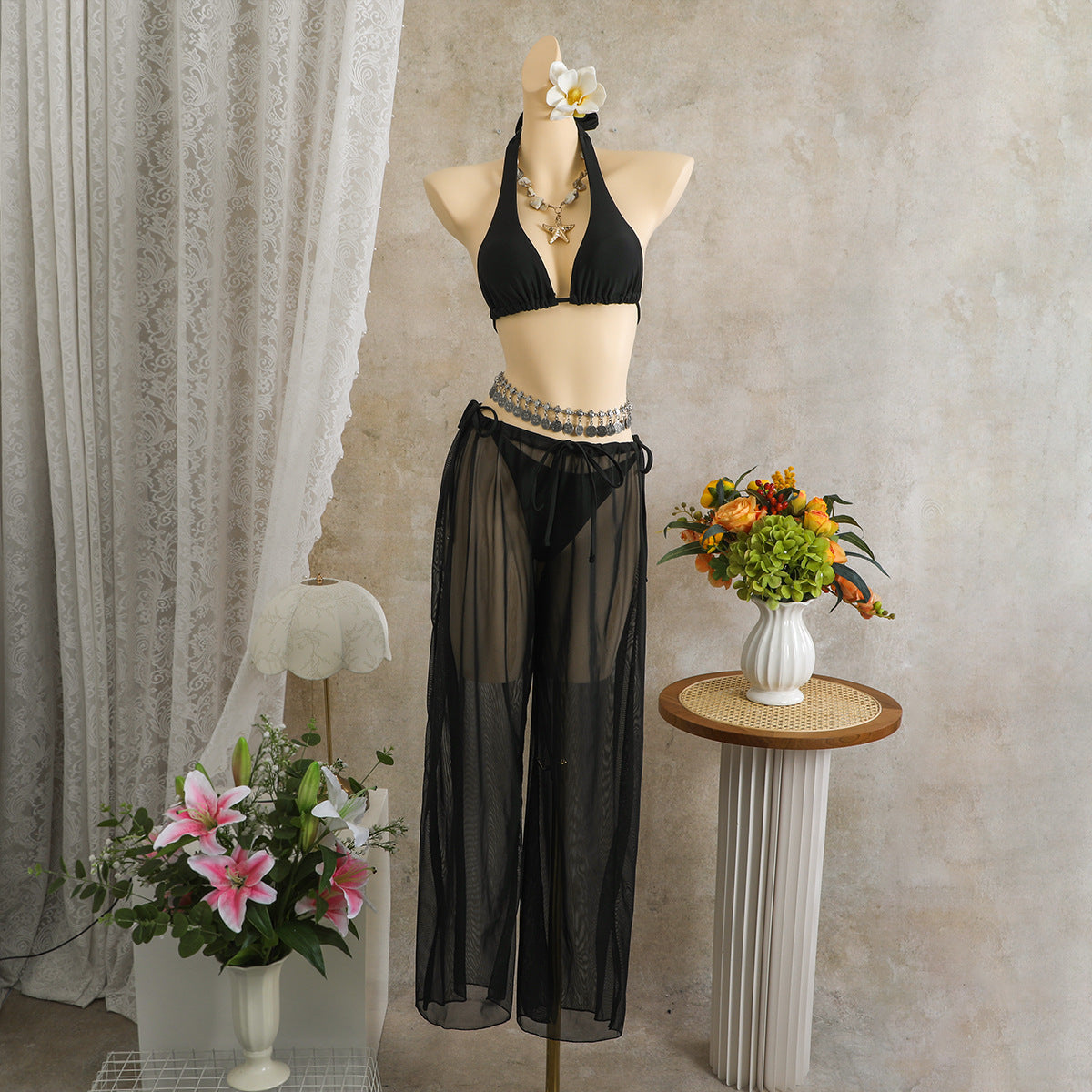 Sexy Beach Vacation Solid Color Three Piece Swimsuit Trousers Swimsuit Bikini