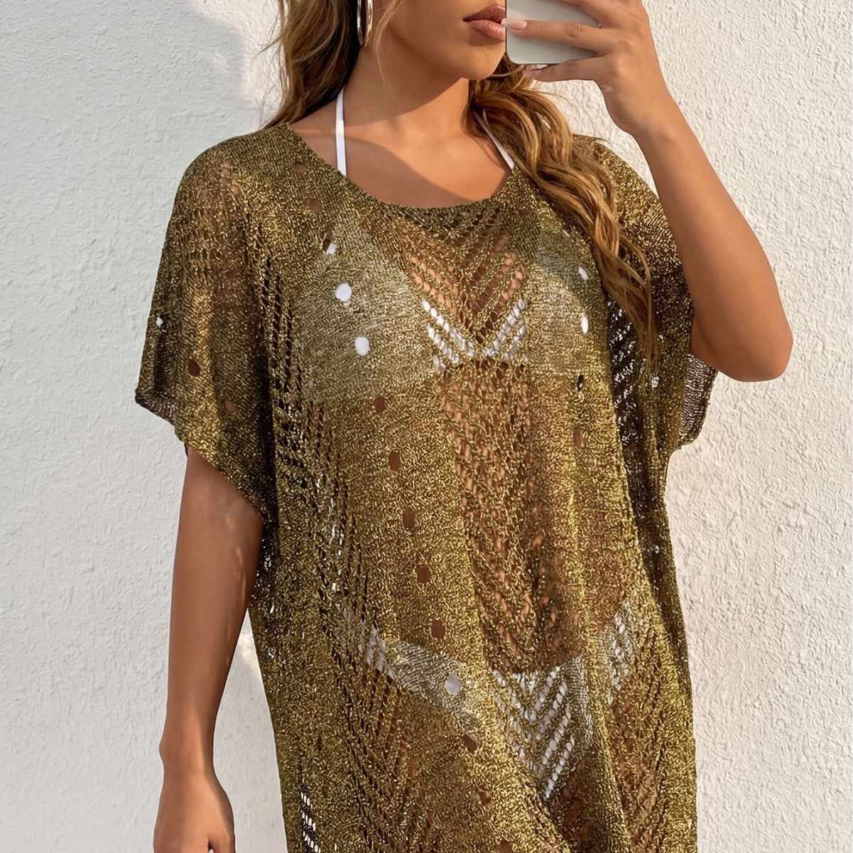 Women Dress Women Clothing Bright Silk Thread Gold Silk Sexy See through Beach Beach Cover Up