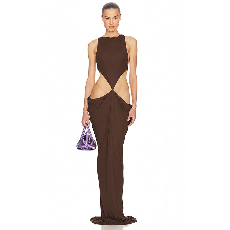 Women Clothing Summer Solid Color Sexy Elegant Sleeveless Sling Bare Back Pleated Slim Dress