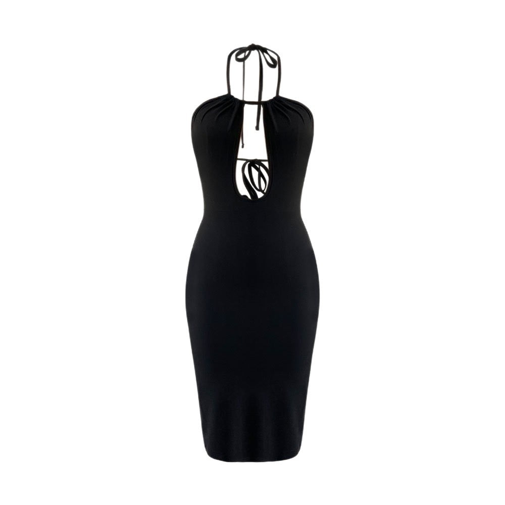 Sexy Hollow Out Cutout-out Halter Dress Women Summer Seaside Beach Backless Slit Slim Fit Niche Sexy Dress