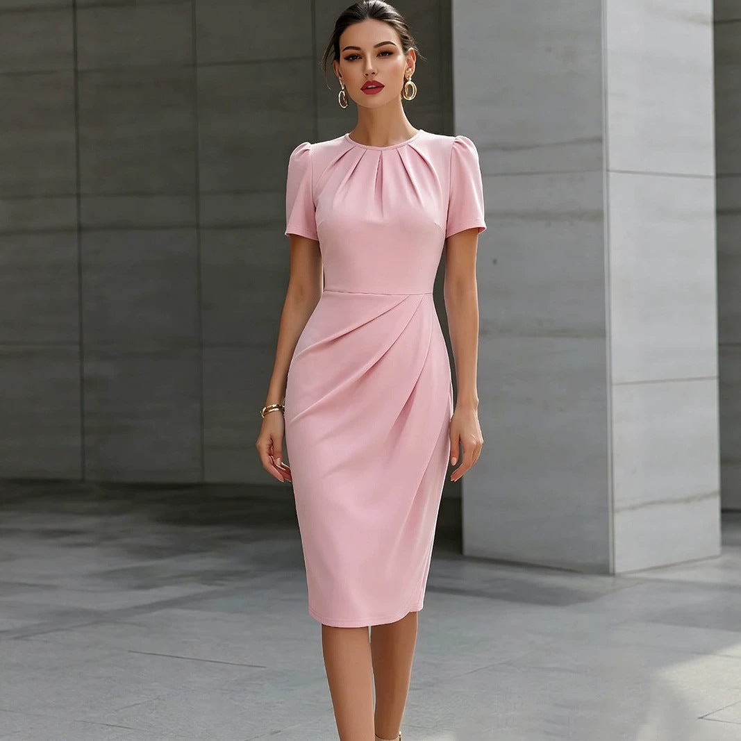 Women Clothing Pleated round Neck Short Sleeve Waist Controlled Midi Dress Solid Color Dress