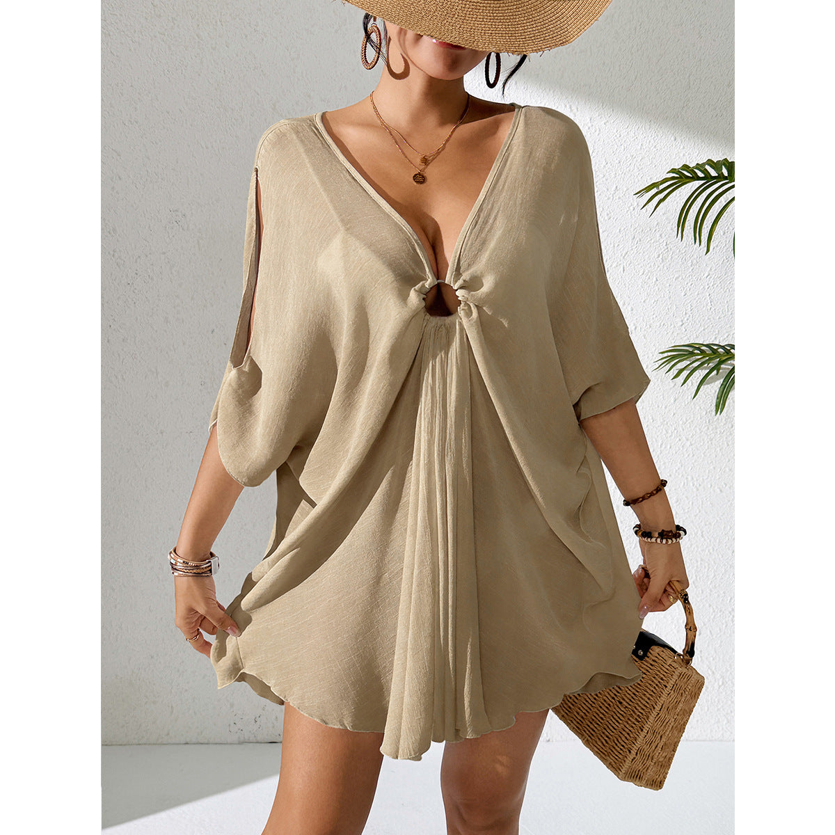 Solid Color Beach Cover up Ring V neck Batwing Sleeve Seaside Vacation Sun Protection Dress