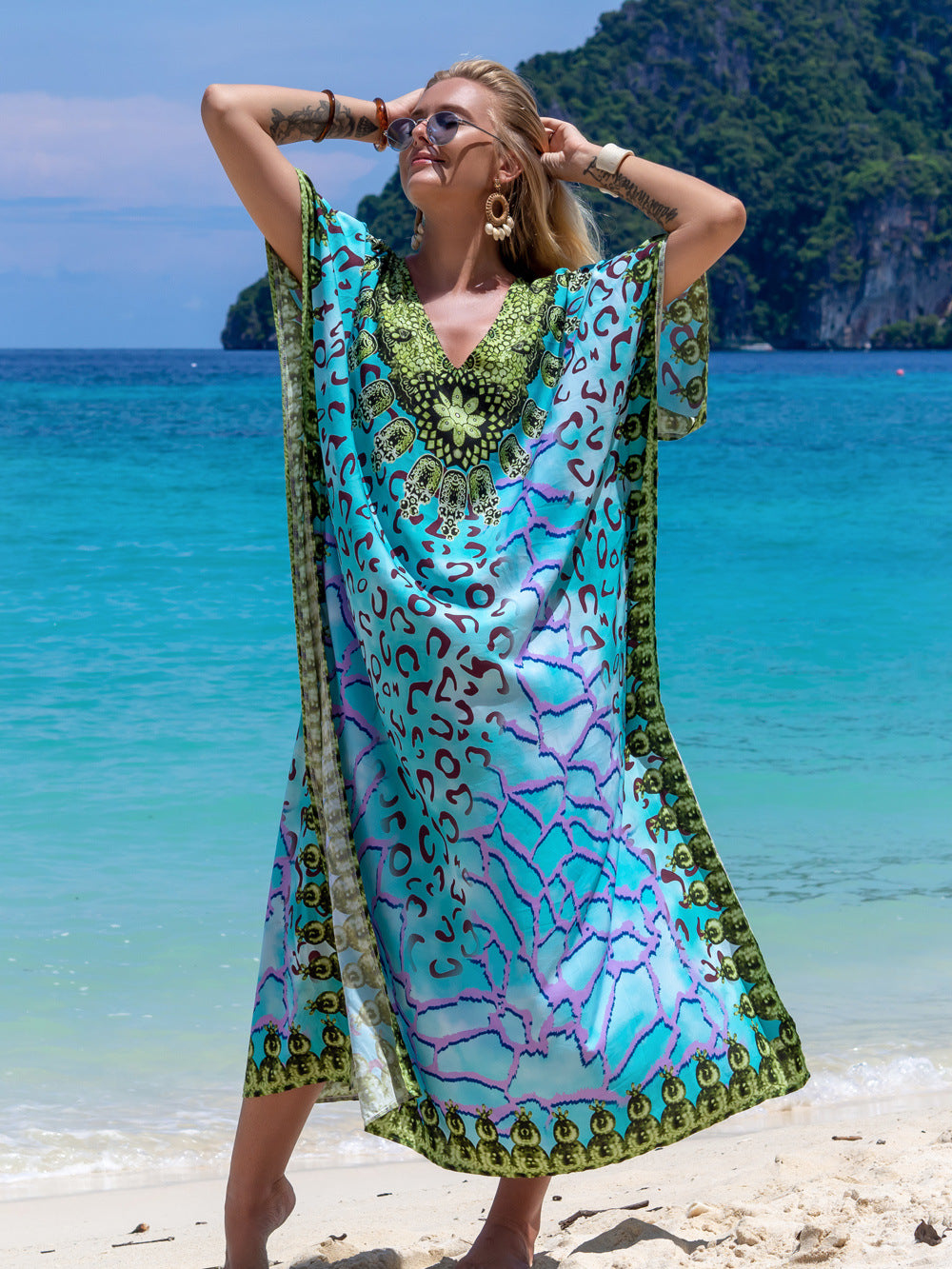 Printed Robe Seaside Holiday Sun Protection Shirt Beach Dress Bikini Swimsuit Blouse Outer Wear