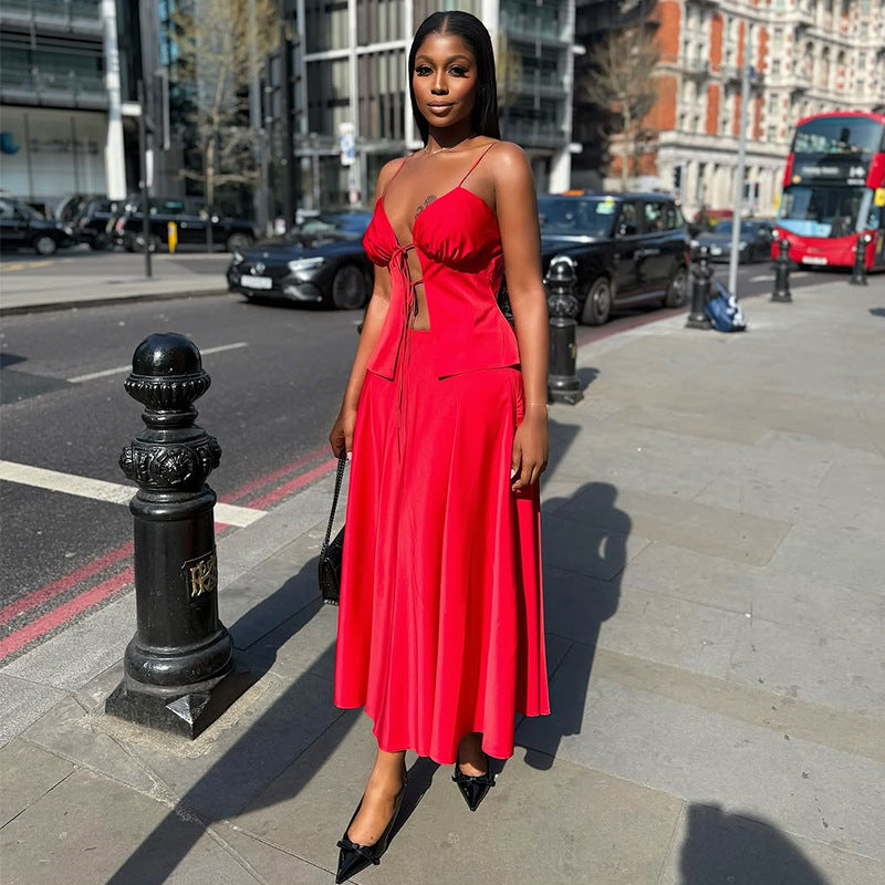 Women Wear Summer Sexy Bandage Sling Top High Waist Skirt Two Piece Sets