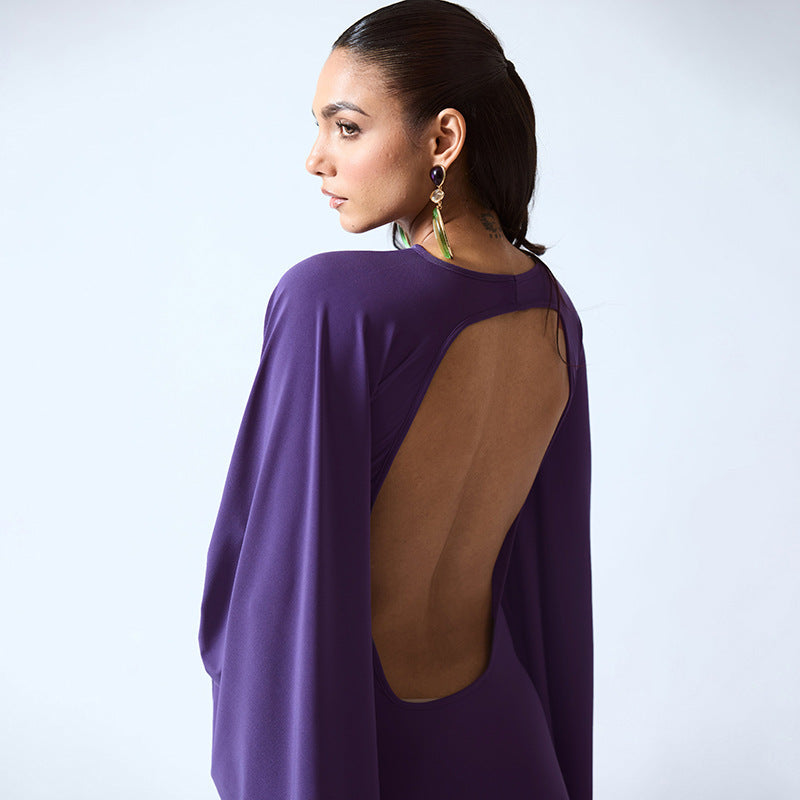 Women Clothing Summer Solid Color Casual Dolman Sleeve Bare Back round Neck Slim Fit Short Dress