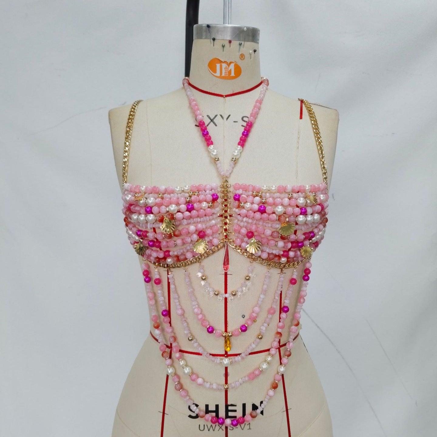 Women Pink Crystal Body Cha Metal Gemstone Shell Sexy Colorful Chest Necklace