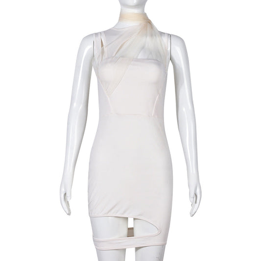 Women Clothing Spring Mesh Stitching Halter Cut out Irregular Asymmetric Dress