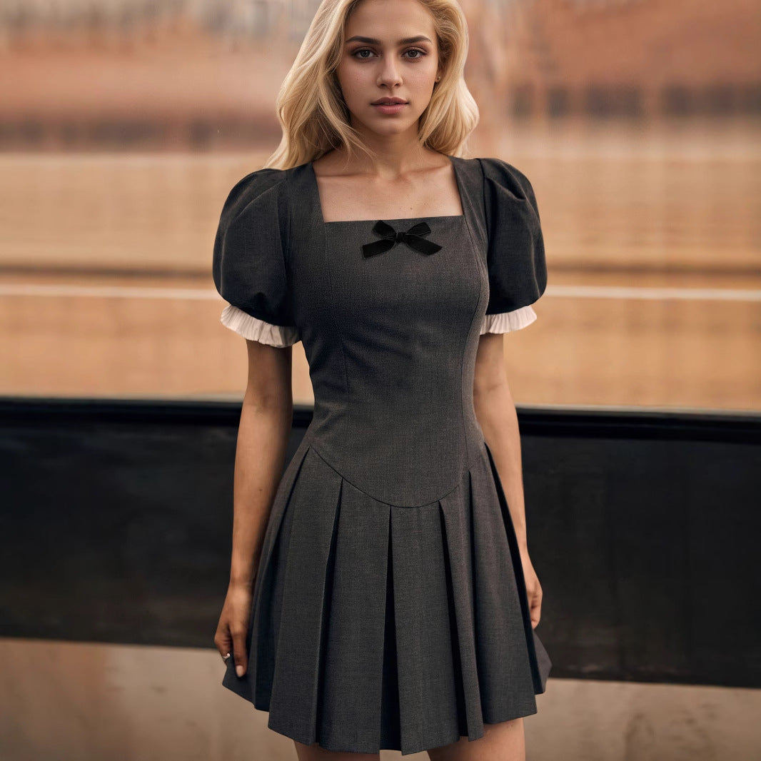 French Summer Elegant Retro College Square Collar Puff Sleeve Black Dress Girl Dress
