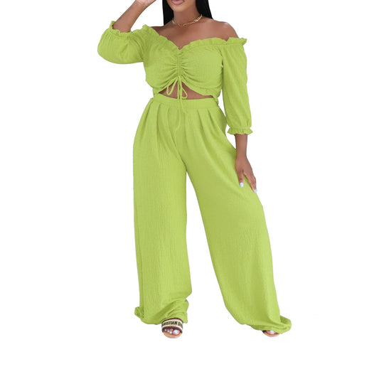 Women Clothing Half Sleeve Pleated Lace up Loose Breathable Two Piece Sets Sexy Summer