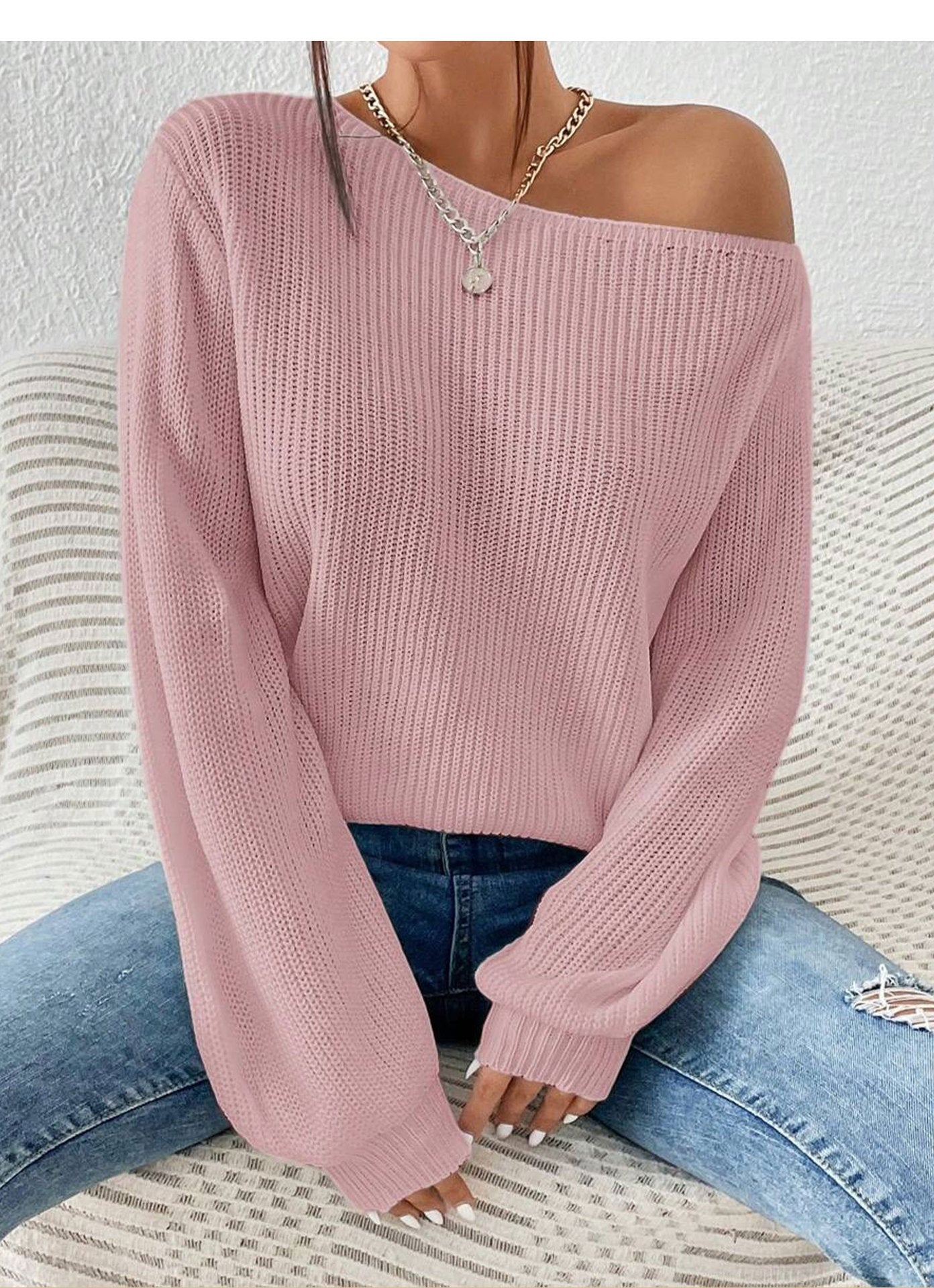 off Shoulder Shoulder Baring Knitwear Women Loose Solid Color Sweater Autumn Winter Lazy Wind Long Sleeve Top