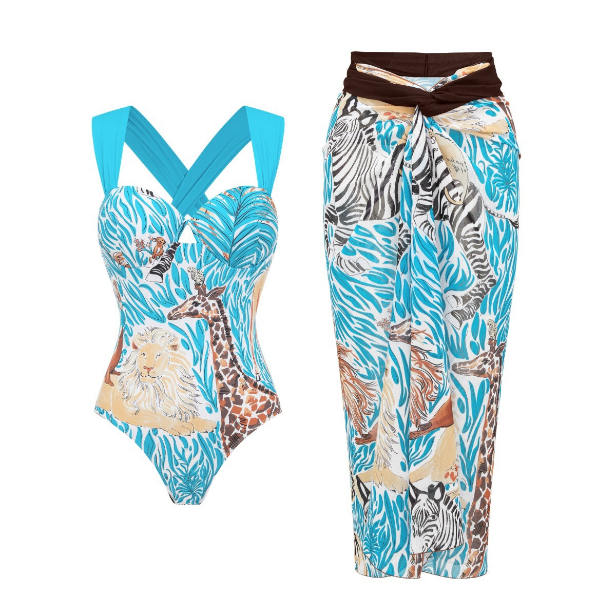 Swimsuit Blue Color Animal Print One Piece Swimsuit Women Long Skirt Two Piece Set