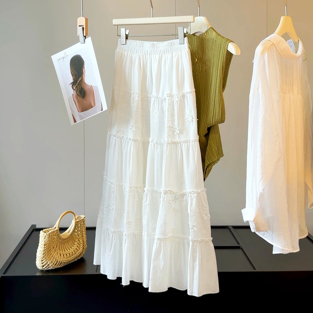 White Three Dimensional Floral Skirt Women Summer High Waist Slimming A line Splicing Tiered Long Skirt
