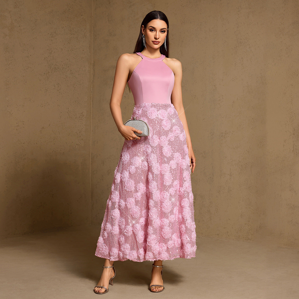 Spring Summer Halter Print Stitching Large Hem Fully Lined Evening Dress Party Dress