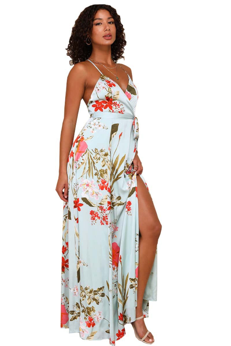 V Cut Spaghetti Strap Floral Print Backless Slit Casual Vacation Beach Commuting Elegant Dress