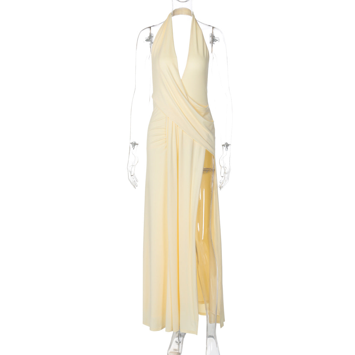 Women Clothing Summer Sexy Deep V Plunge Halter Pleated Backless Irregular Asymmetric Dress