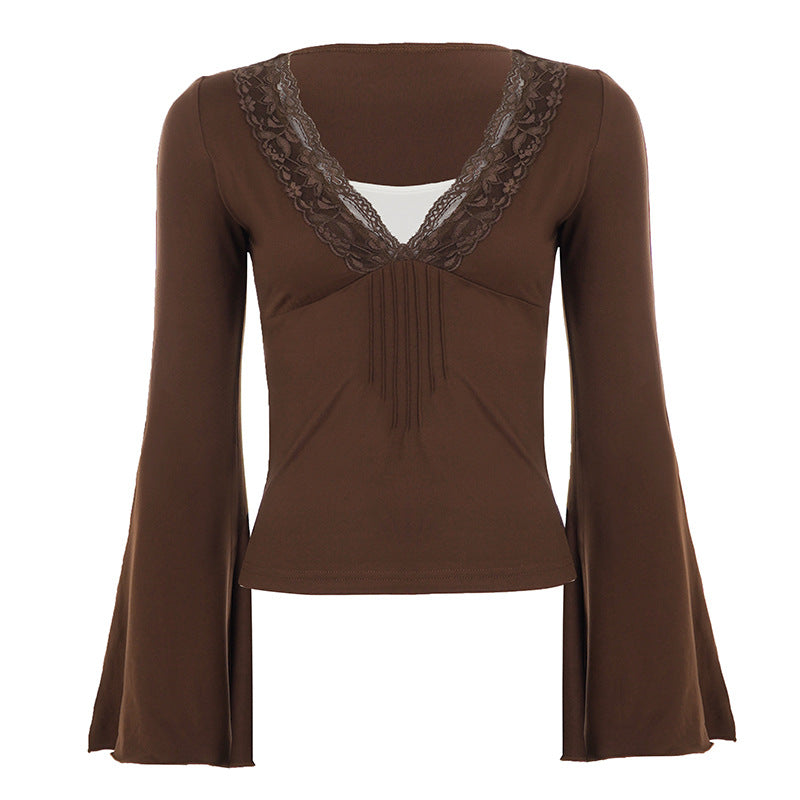 Retro Lace V neck Patchwork Split Faux Two Pieces Flare Sleeve T shirt Millennium Sexy Waist Controlled Top