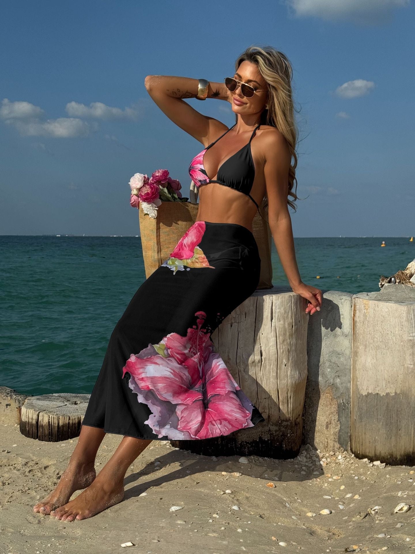 Printed Large Floral Three Piece Set Mesh Maxi Dress Sexy Bikini Bikini