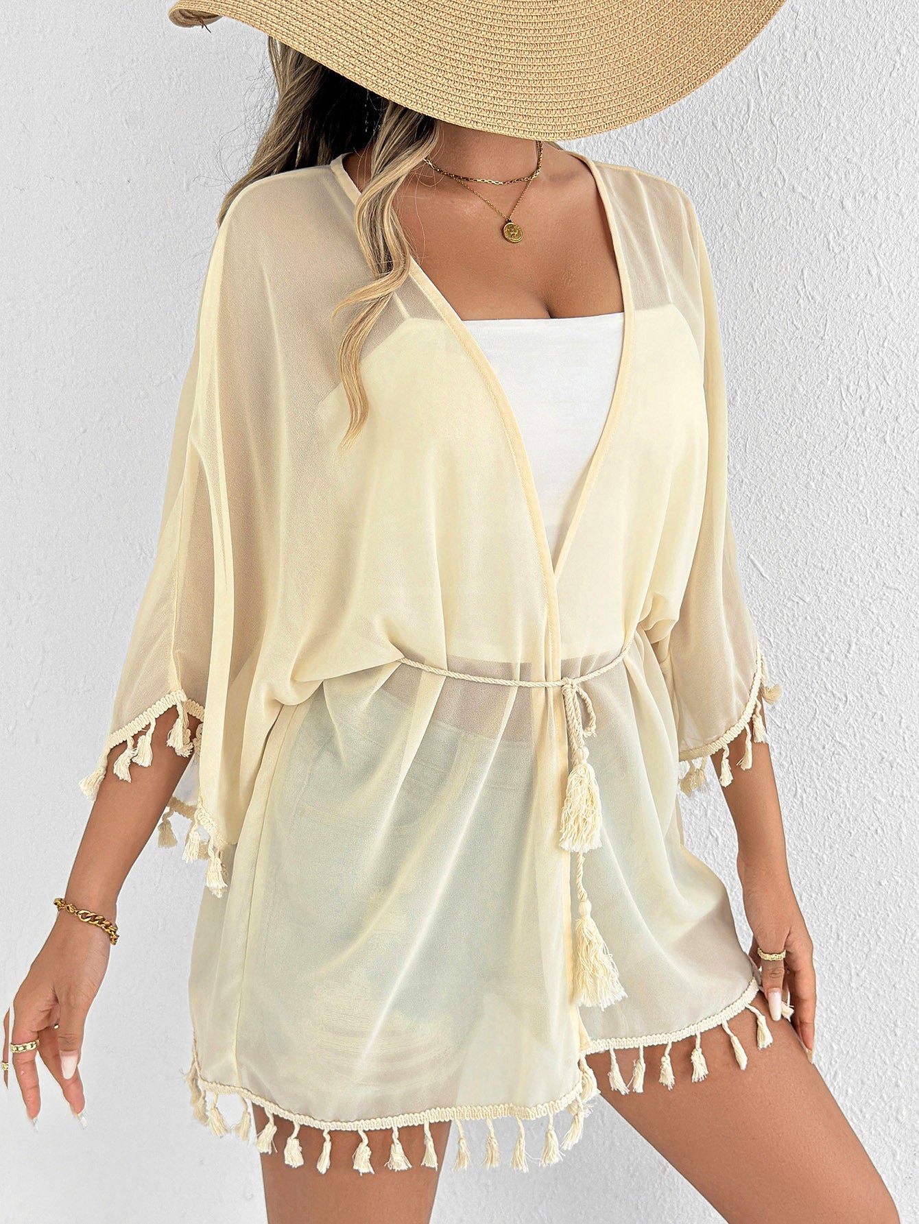 Women Chiffon Shirt Solid Color Tassel Stitching Casual Beach Bikini Sunscreen Outwear Blouse