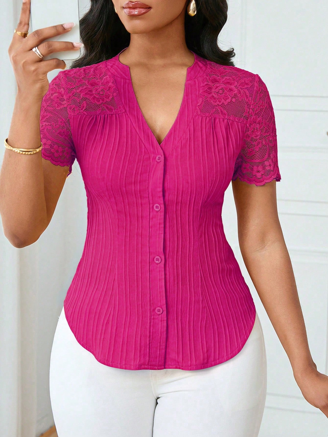 All Match Single Breasted Solid Color Slim Fit Embroidery Hollow Out Cutout Short Sleeve Top