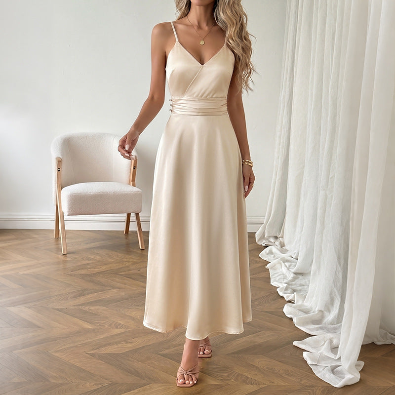 Simple Elegant Champagne Satin V neck Strap Dress