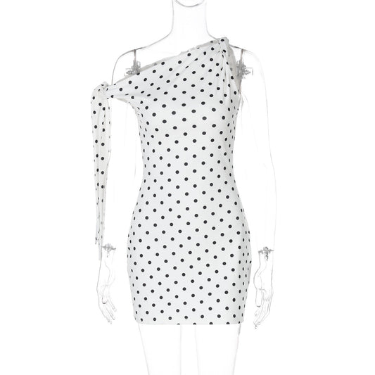 Women Clothing Spring Summer Sexy Polka Dot Printed Shoulder Lace up Slim Fit Hip Bag Dress