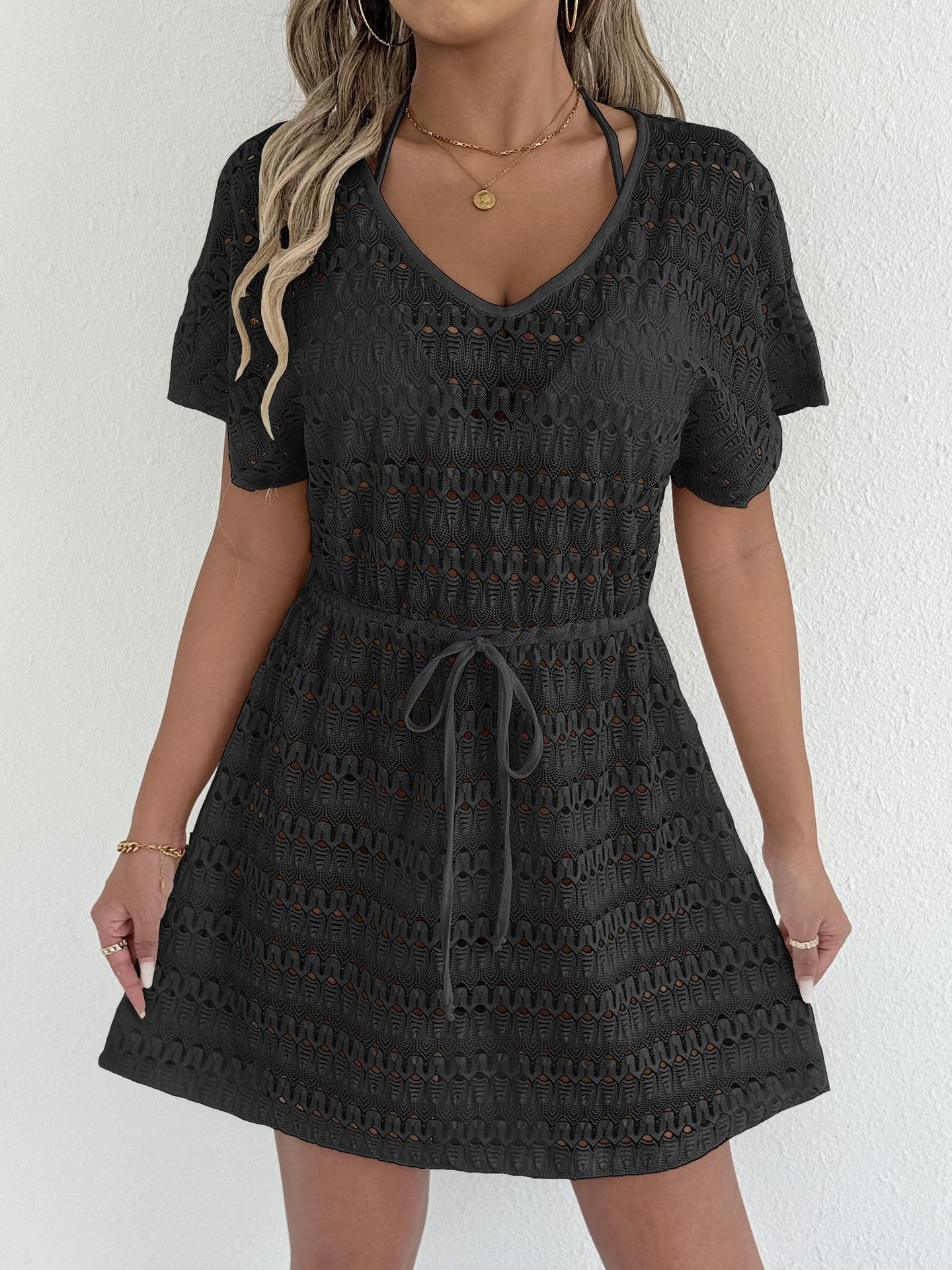 Women Blouse Women Sexy See through Lace Dress Holiday Beach Dress Drawstring Fitted Waist Bowknot Tied Dress