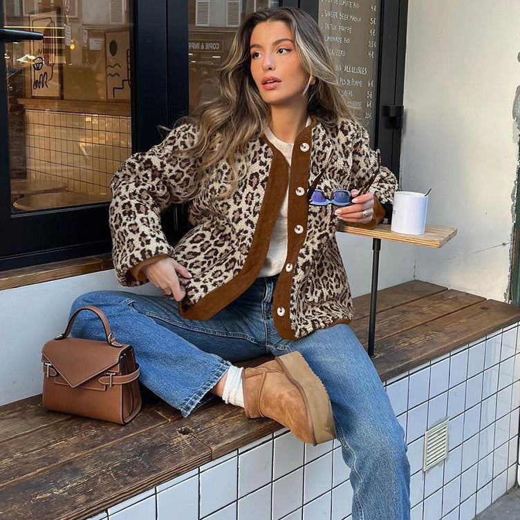 Women Clothing Autumn Polar Fleece Leopard Print Loose Lamb Cashmere Warm Coat