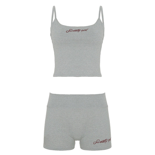 Street Casual Sports Women Slim Fit Letters Embroidered Strap Shorts Fitness Two Piece Sets Summer