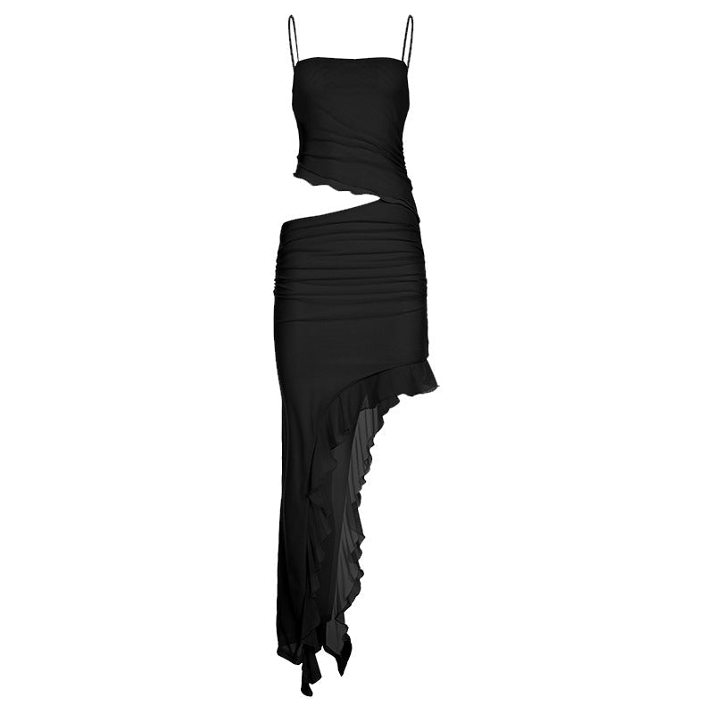 Vacation Women Cropped Outfit Ruffled Mesh Dress Irregular Asymmetric Solid Color Elegant Graceful Halter Dress