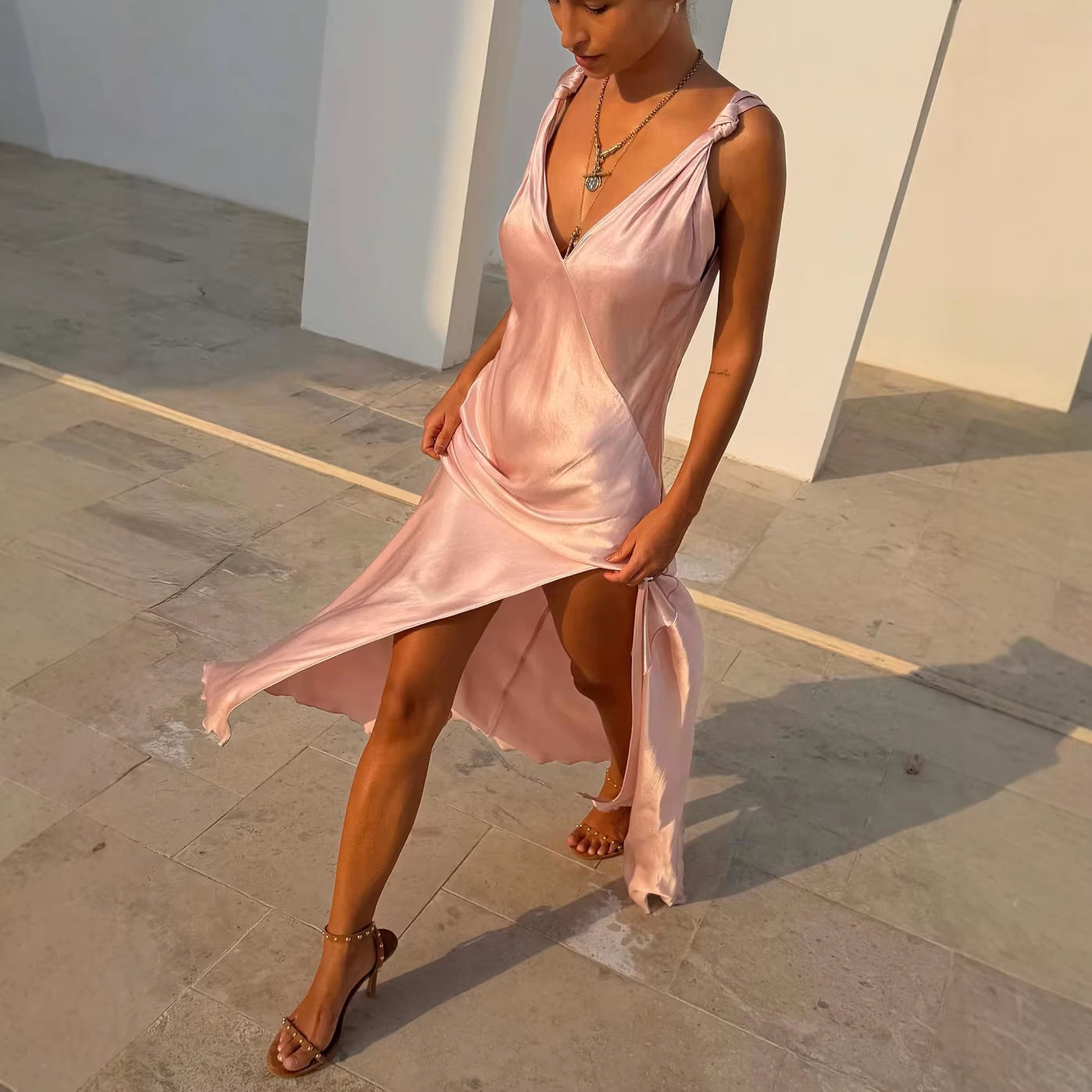 Spring Summer Satin Sleeveless Split Dress Casual Vacation Women Dress
