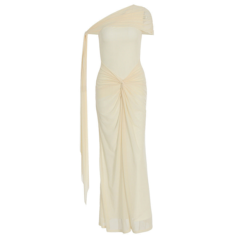 Women Clothing Oblique Shoulder Irregular Asymmetric Maxi Dress Pleated Slim Summer Dress for Women