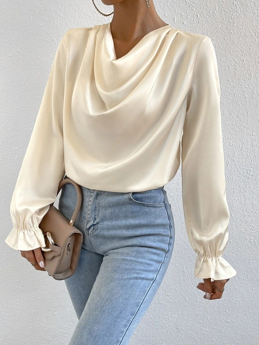 Women Clothing Ruffled Sleeve Satin Shirt Autumn Arrival Long Sleeve Satin Shirt