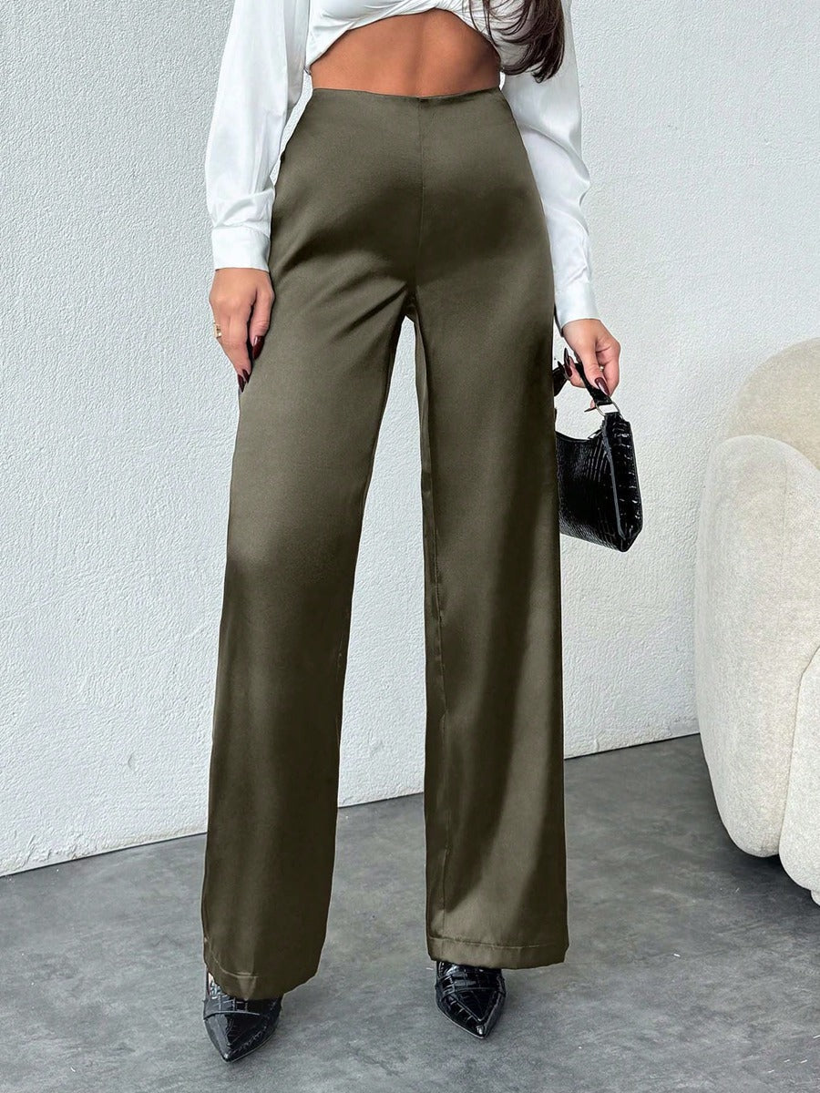 Women Clothing Autumn Satin Casual Pants Loose Black Satin Wide Leg Pants