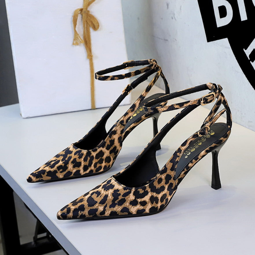 Sexy Leopard Print Stiletto Heels Women Pointed Toe Satin Hollow Out Cutout out Strap Classy Shoes