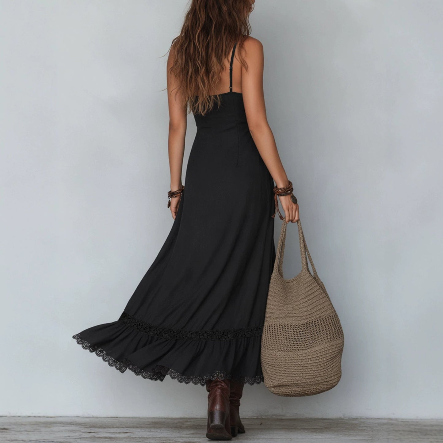 Season Bohemian Strap Dress Lace Patchwork Knitting Spaghetti Strap Dress