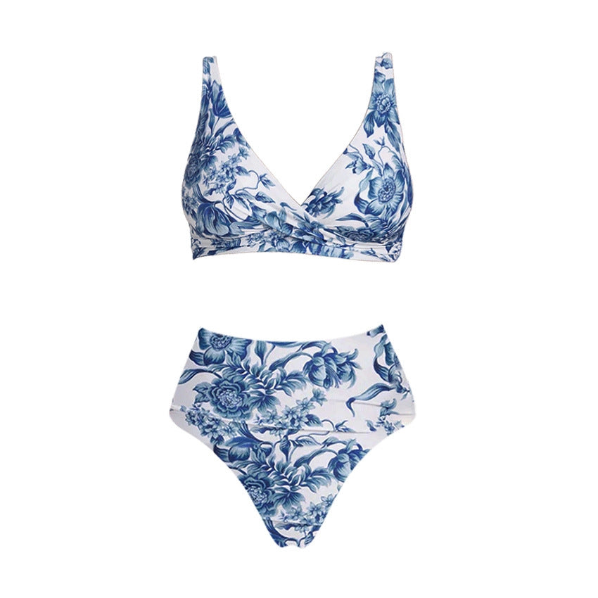 Swimsuit Blue Color Floral Vacation Swimsuit Women Long Skirt