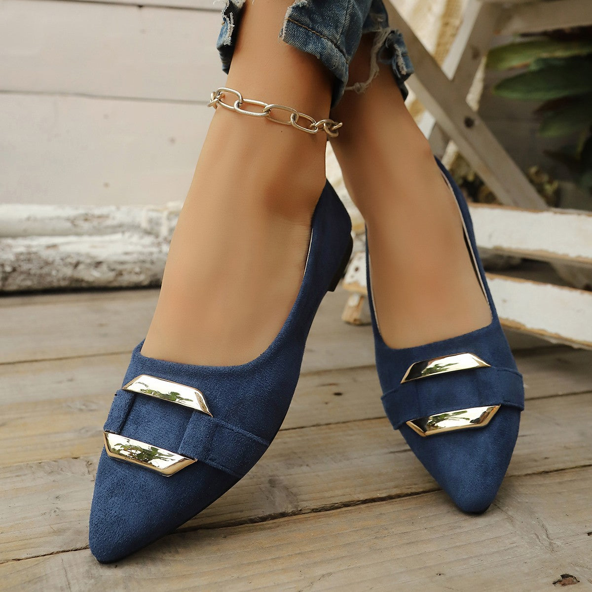 Shallow Mouth Suede Metal Buckle Flat Pumps Women Soft Bottom Office Work Gommino