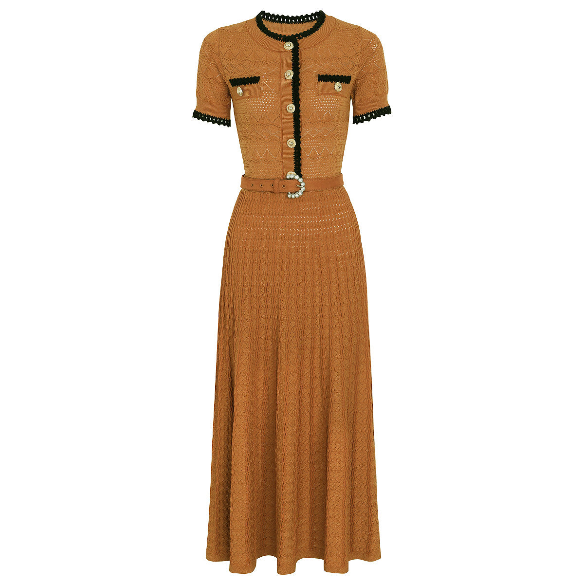 Summer Ladies Internet Popular Slim Fitting Figure Flattering Belt Short Sleeve Long Pattern Dress Women