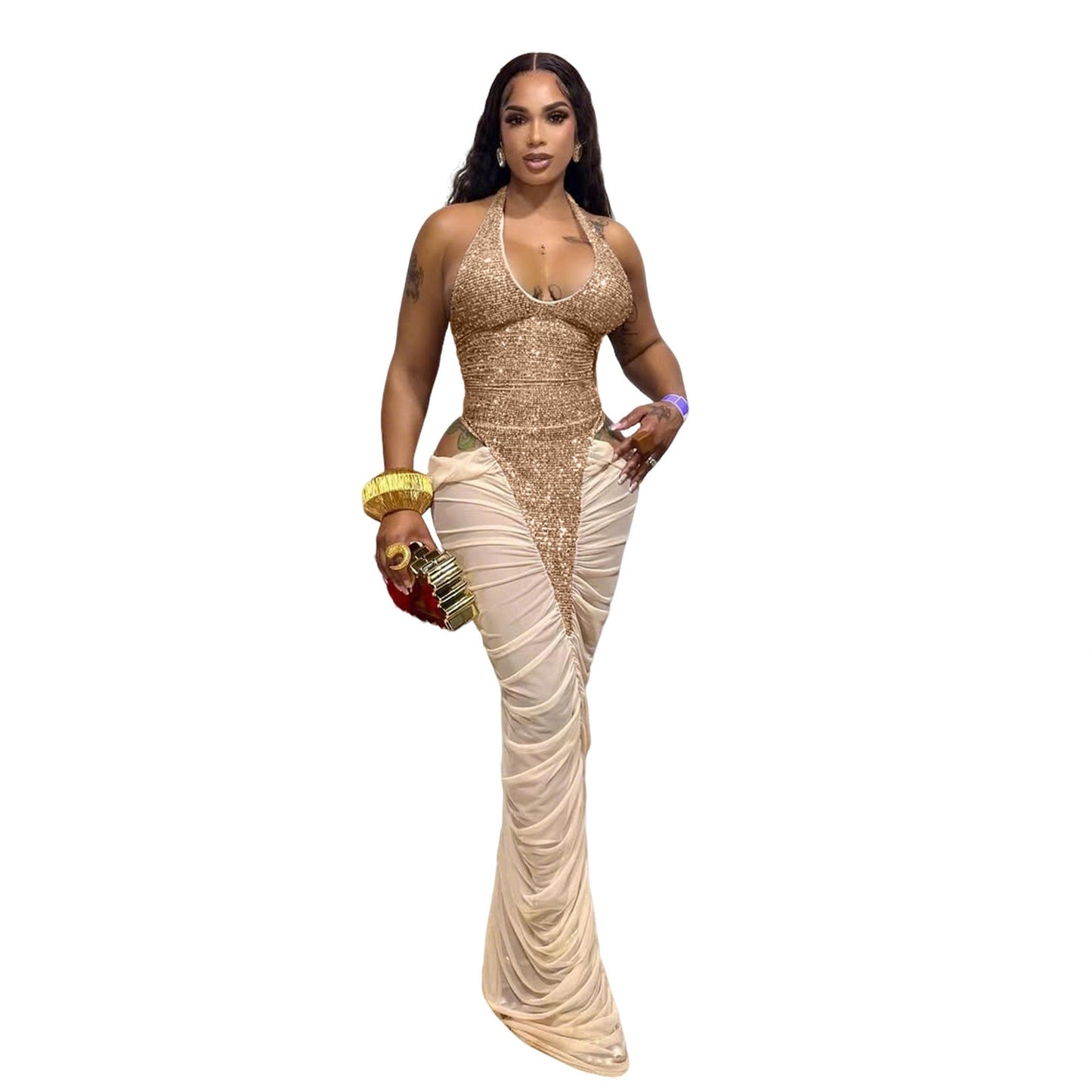 Sexy Elegant Fashionable High Slit Mesh Stitching Ruffle Sequin Halter Neck Gown