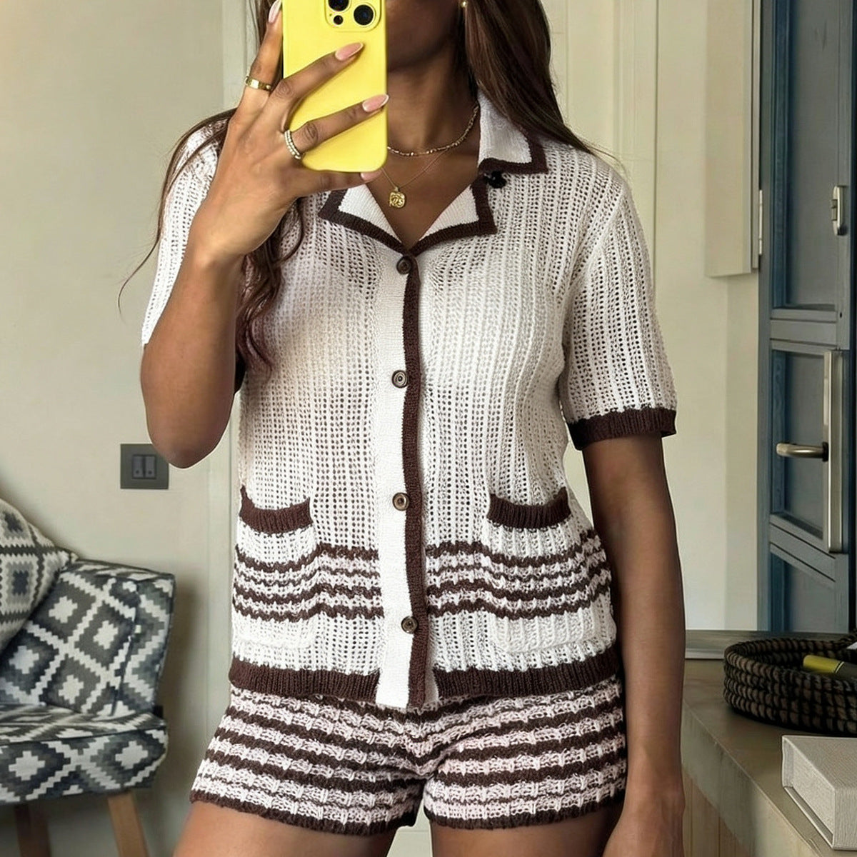 Beach Short Sleeved Cardigan Shorts Hollow Out Cutout Striped Casual Knitted Holiday Blouse Two Piece Sets