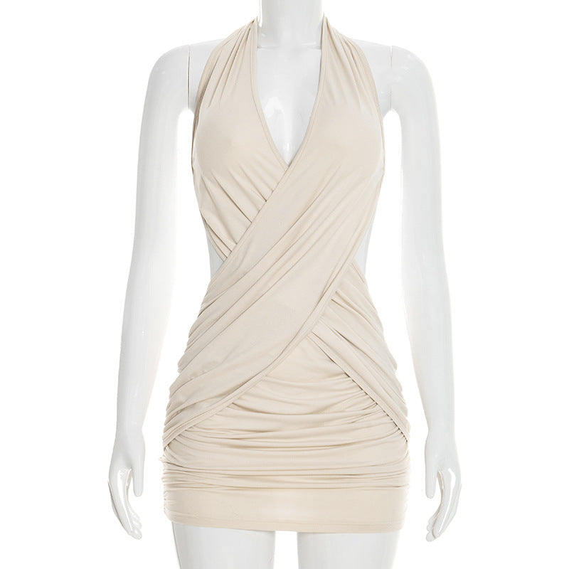 Women Clothing Summer Solid Color Casual Slim Cross Tied Neck Sleeveless Mini Short Dress