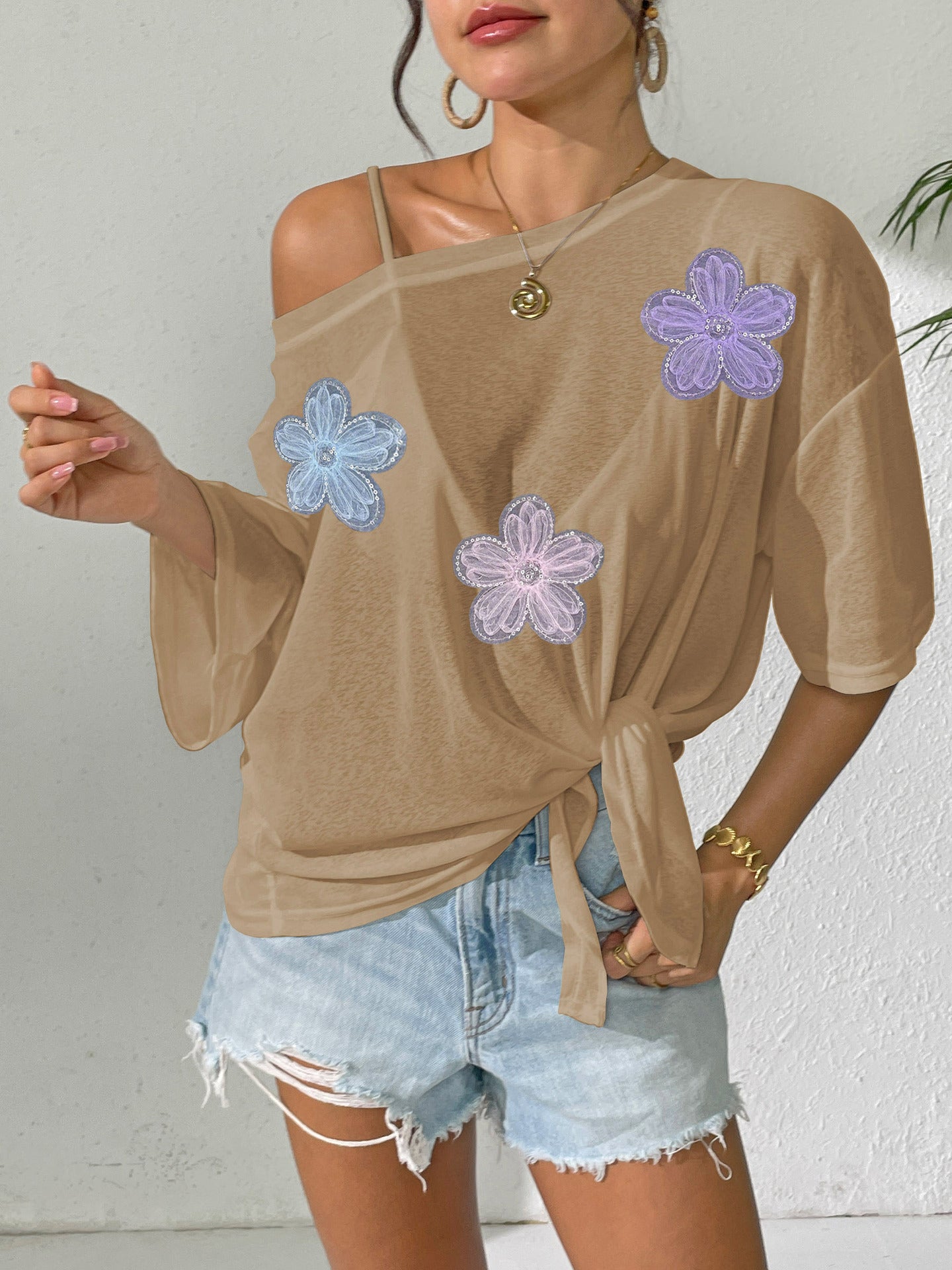 Ladies Overclothes Women Solid Color Thin Top Bandage Bow Loose off Shoulder Beach Bikini Cover up