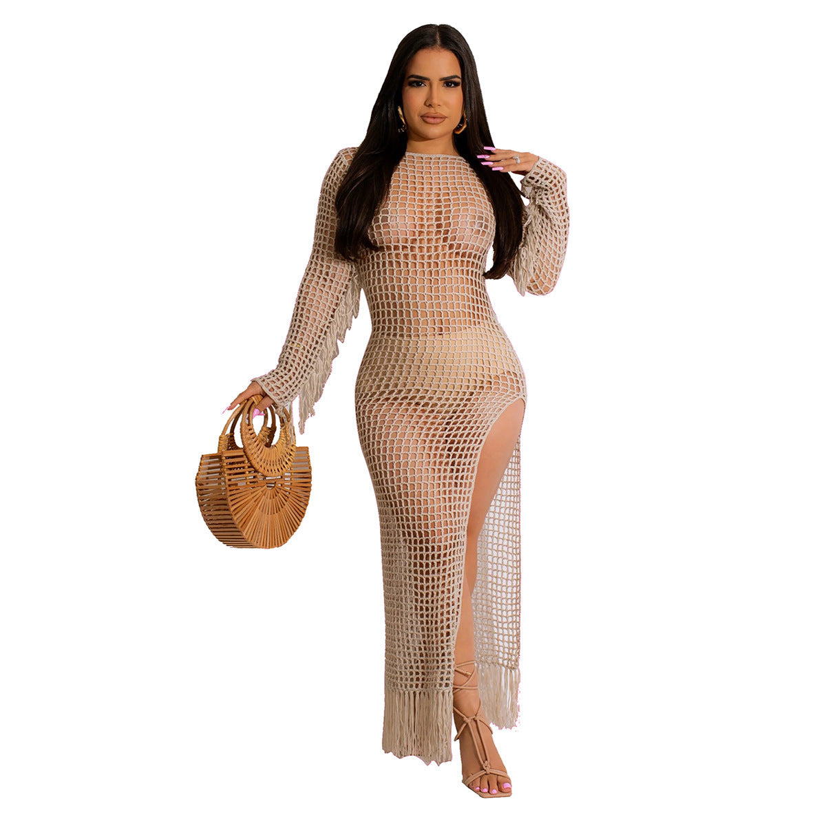 Women Clothing Sexy Solid Color Handmade Knitted Tassel Beach Dress
