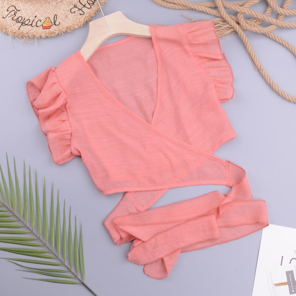 Sexy Vacation Beach Cross Cardigan Modern Avant Garde Solid Color Slubbed Fabric Women Tops
