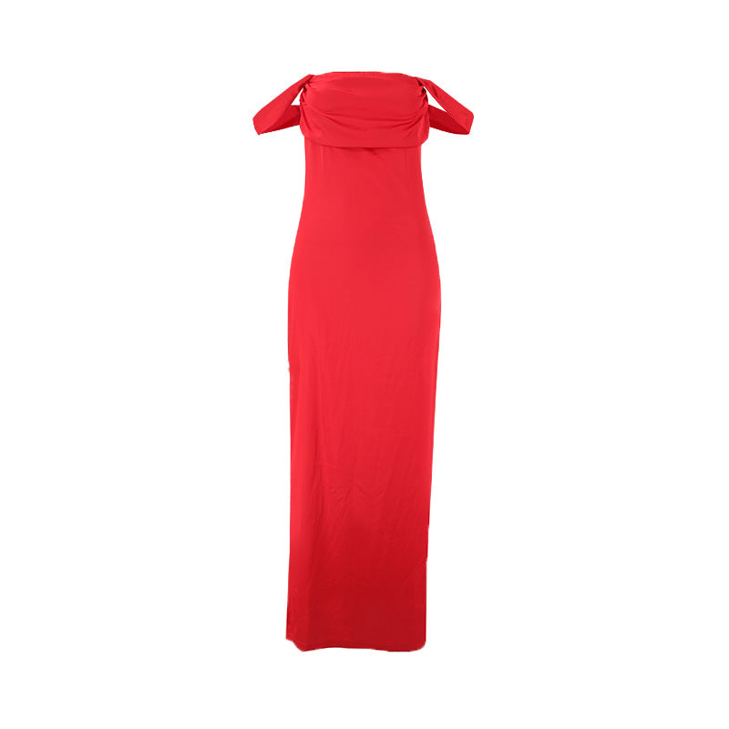 Women Clothing Summer off the Shoulder Tube Top Pleated High Waist Backless Simple High End Evening Dress