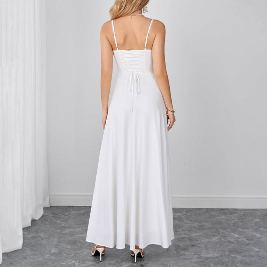 Summer Cami Dress Sexy Backless Lace up Waist Slimming Boning Corset Maxi Dress