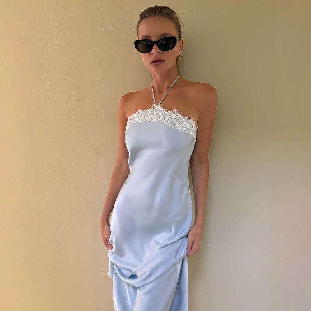 Sexy Sleeveless Halter Tube Top Lace Trim Dress Satin Skin Friendly Slim Strap Dress Women