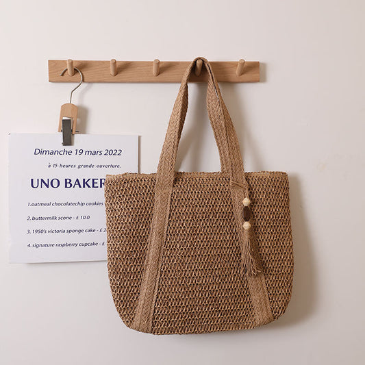 Women Solid Color Woven Bag Large Capacity Shoulder Straw Bag Vacation Beach Bag Women Bag