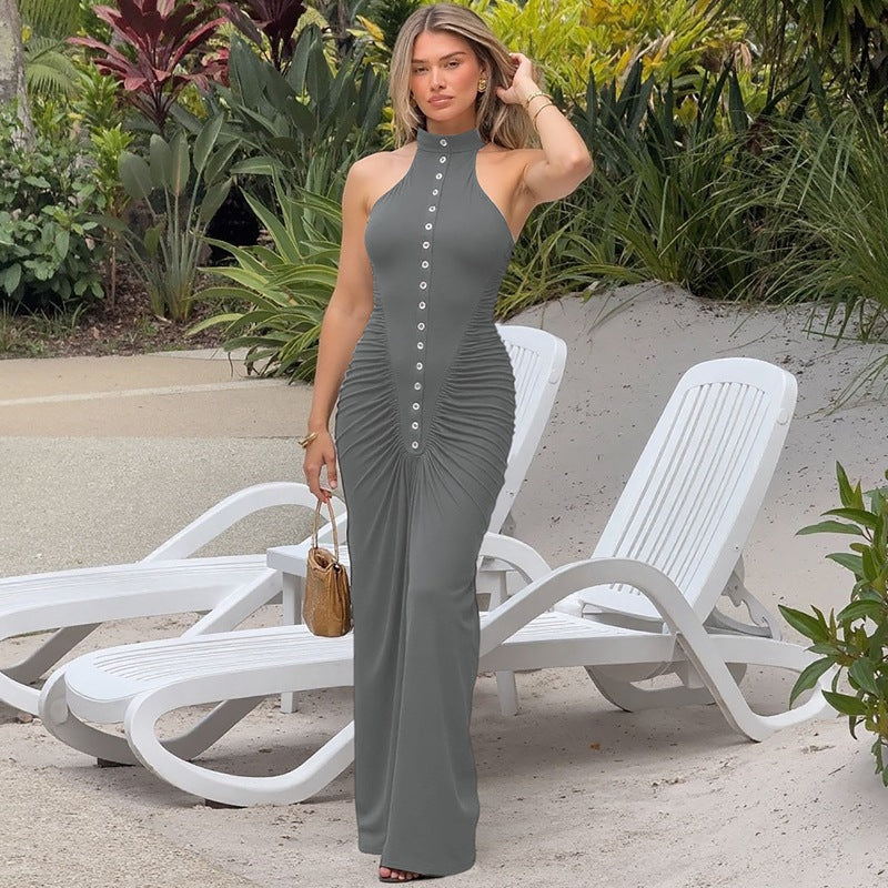 French Women Autumn Slim Fit Crumpled Button round Neck Sleeveless Dress for Women